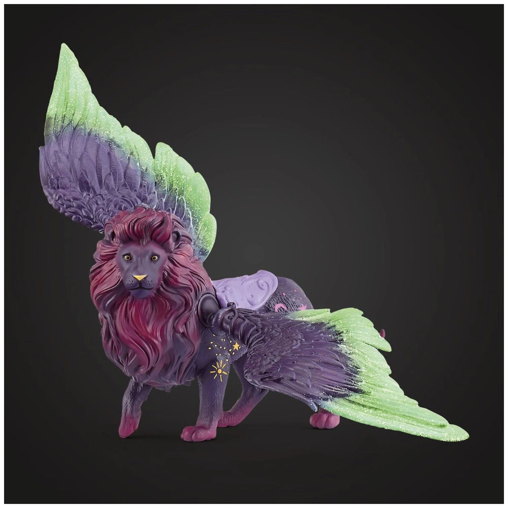 Fantasy Moon Lion figurine with a purple mane and green wings, featuring a glossy finish and detailed expression.