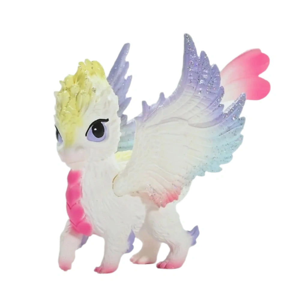 Rainbow Baby Dragon figurine features a white body with pink and purple accents, large wings, and expressive eyes.
