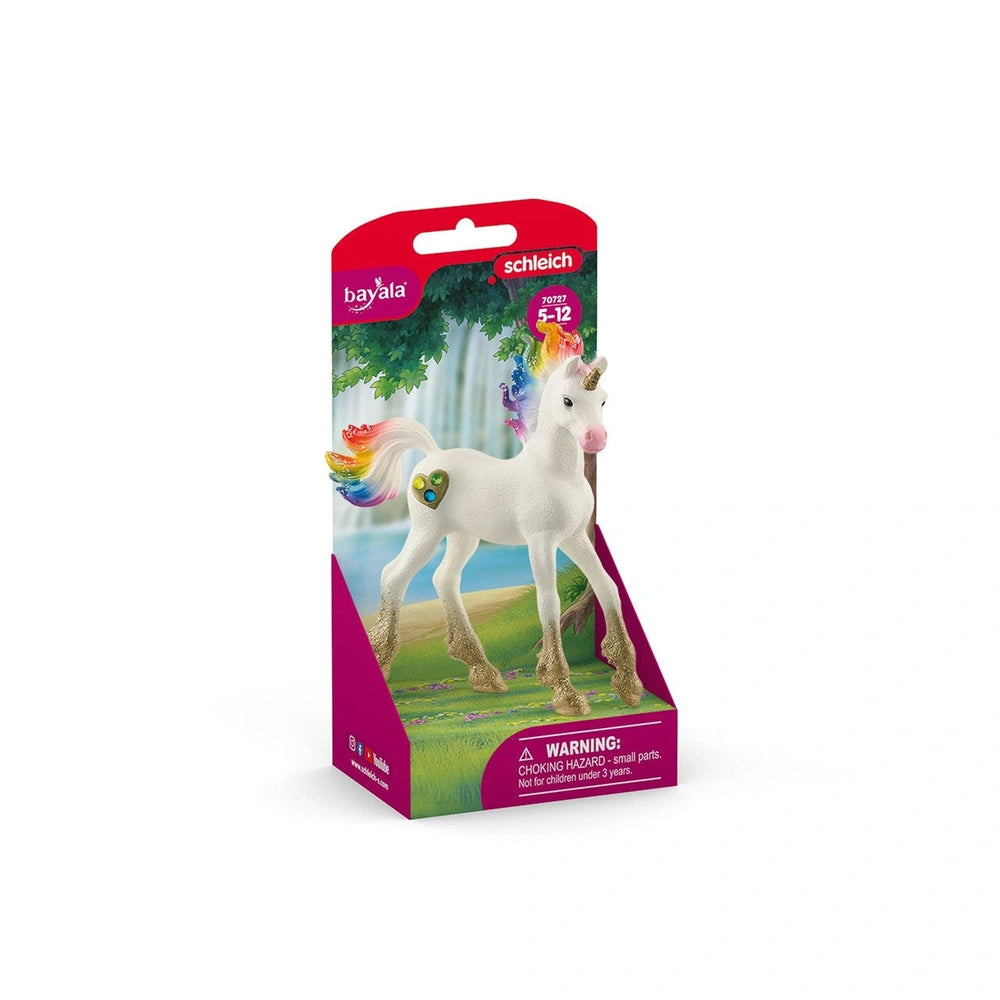 Rainbow Love Unicorn Foal in glossy white with a rainbow mane, displayed in red packaging with a clear window.