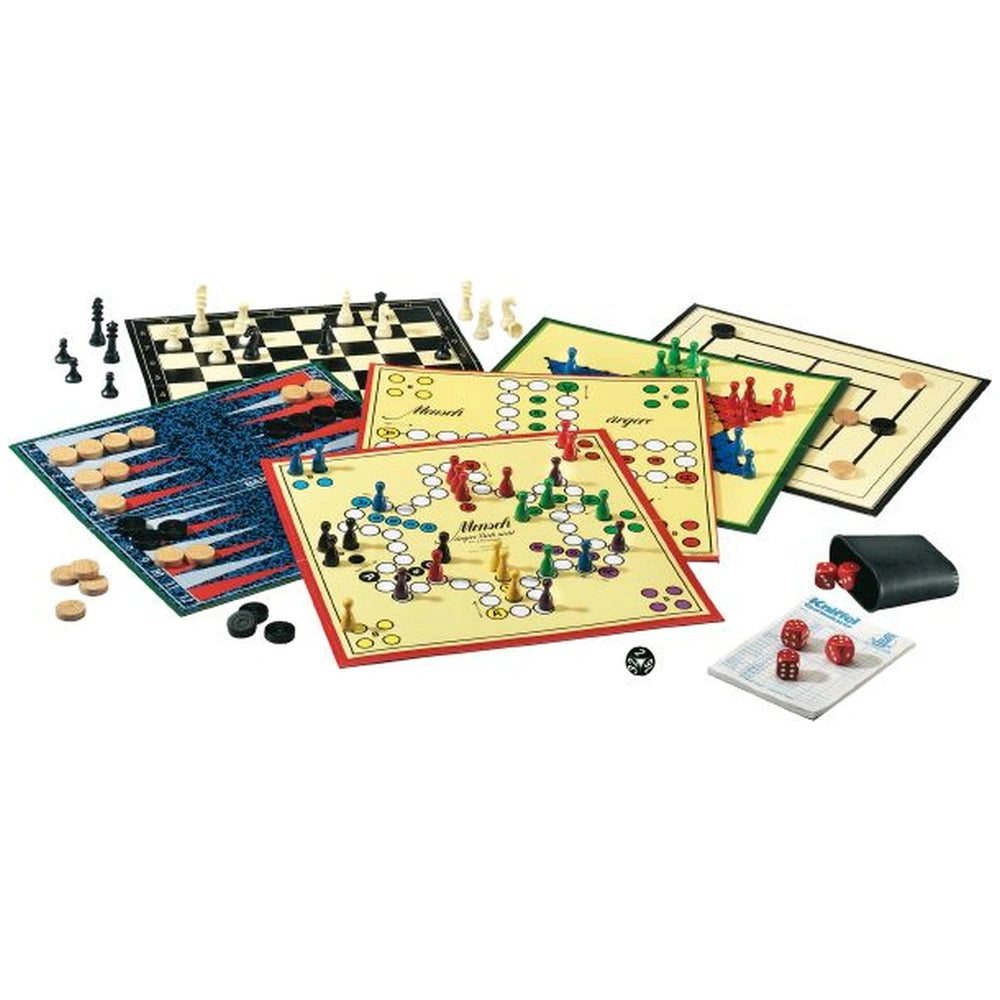 Schmidt Games collection features various strategy board games with colorful pieces and chess-like designs arranged on a flat