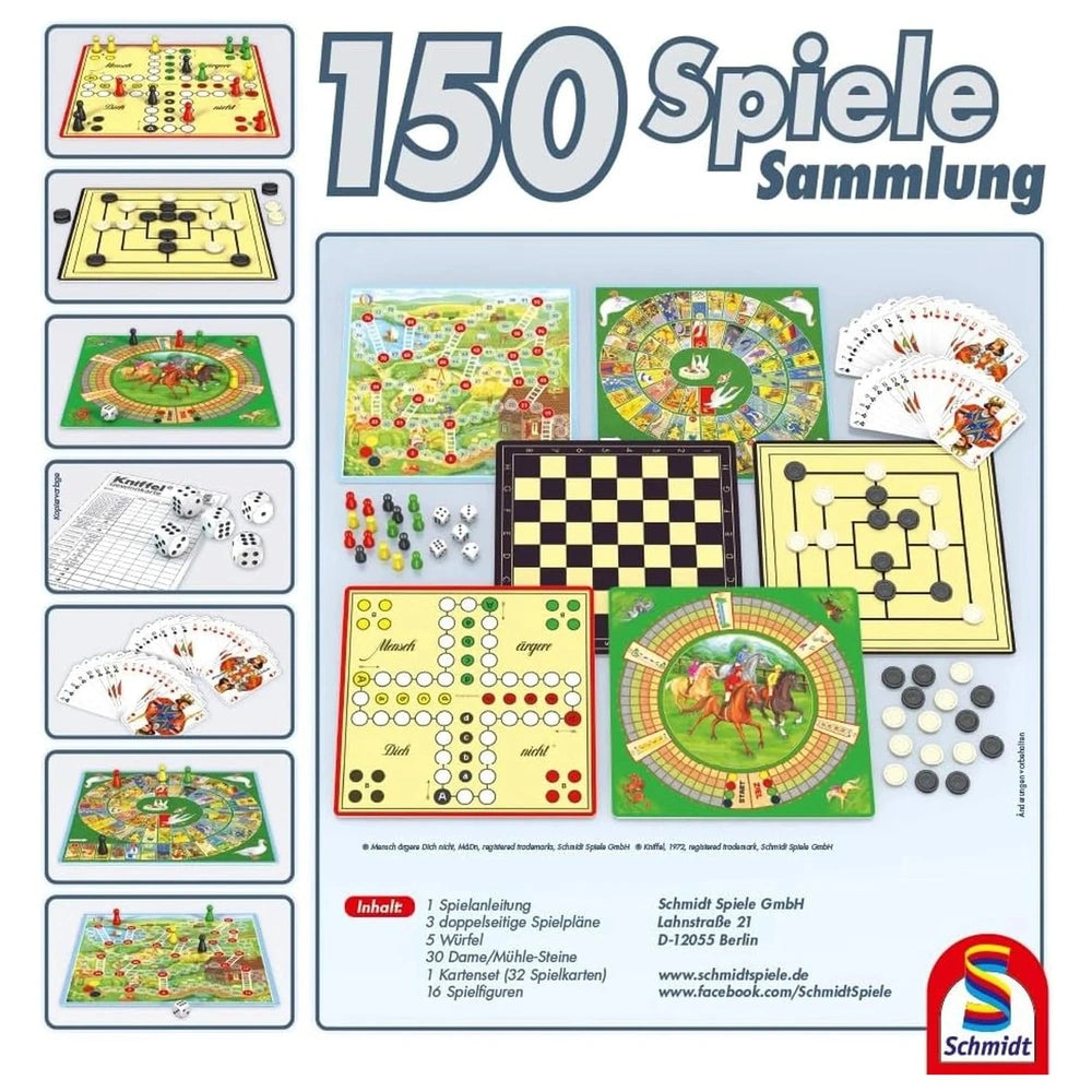 Schmidt Spiele's 150 game collection showcases a vibrant assortment of board games, featuring dice, cards, and unique designs