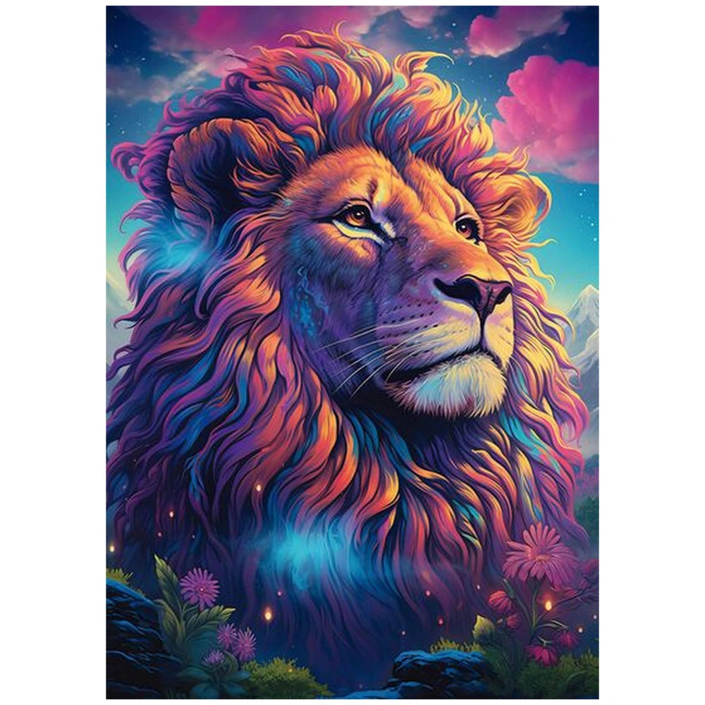 A multihued lion's head with a vibrant mane against a colorful sky, surrounded by flowers and a mountain range.