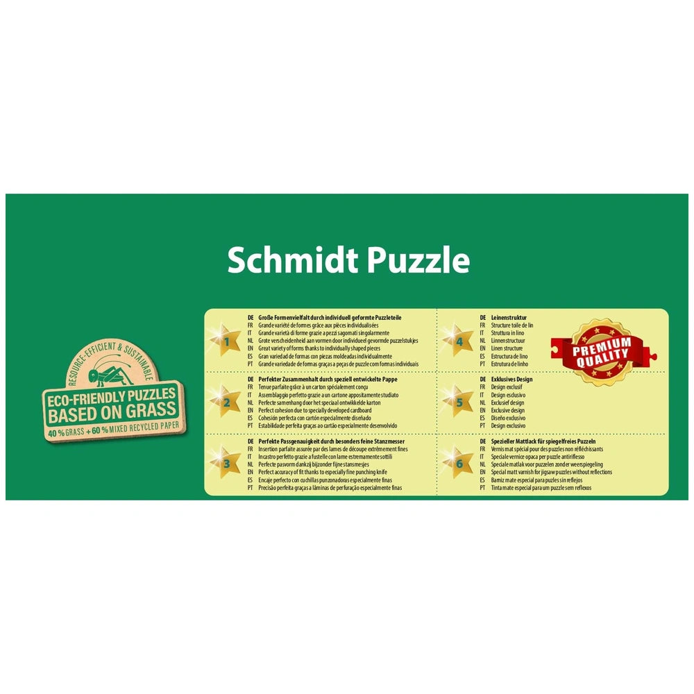 Schmidt Spiele Bulldozer PR736 puzzle features a central puzzle piece graphic with eco-friendly symbols and organized text.