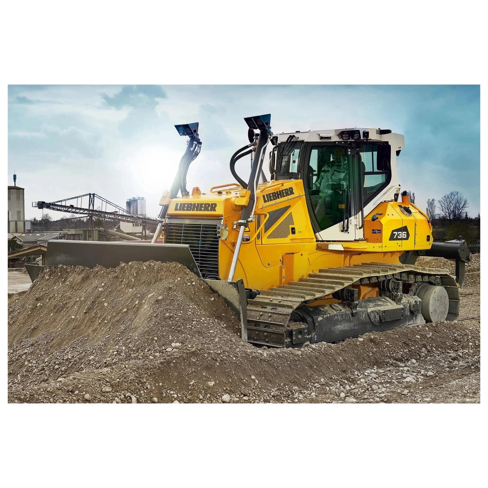 Yellow bulldozer parked on dirt with a clear sky and a bridge in the background, showcasing its large front scoop and tracks.