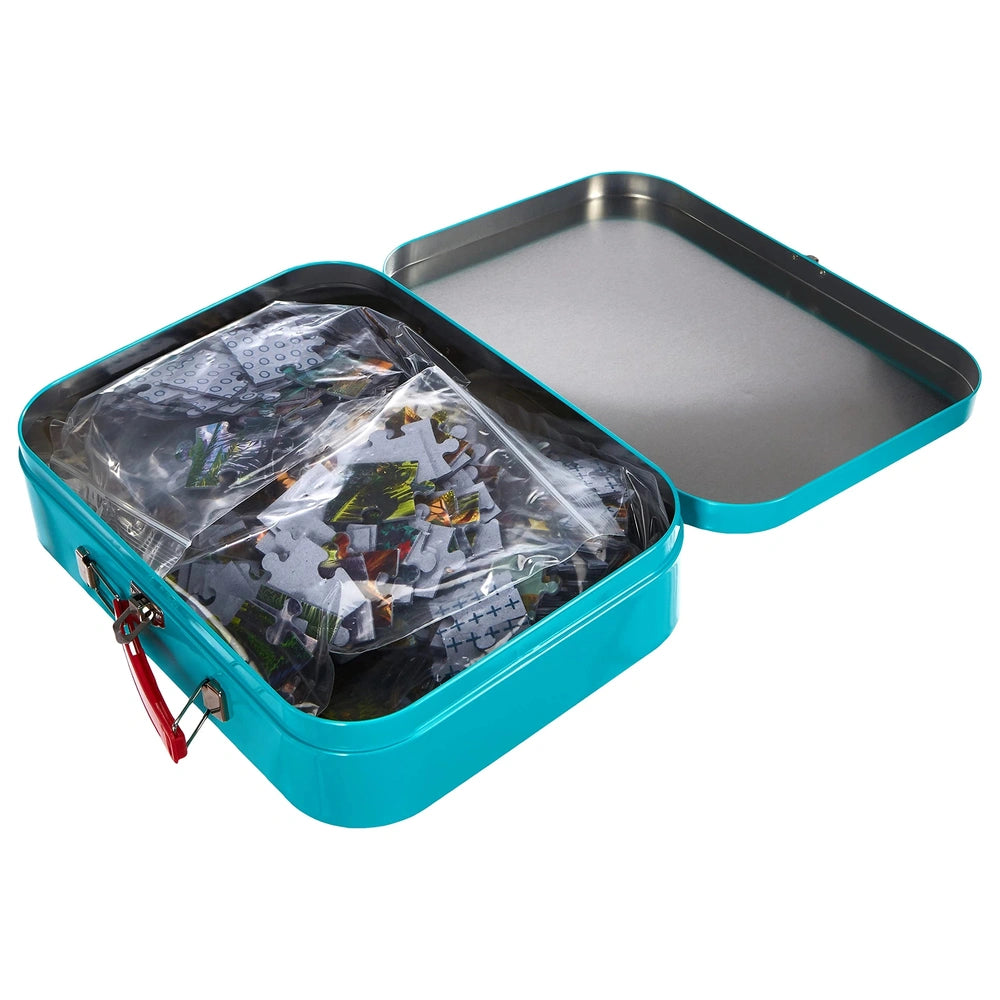 Blue plastic puzzle box with a red handle and a matte lid, showcasing its open design against a white background.