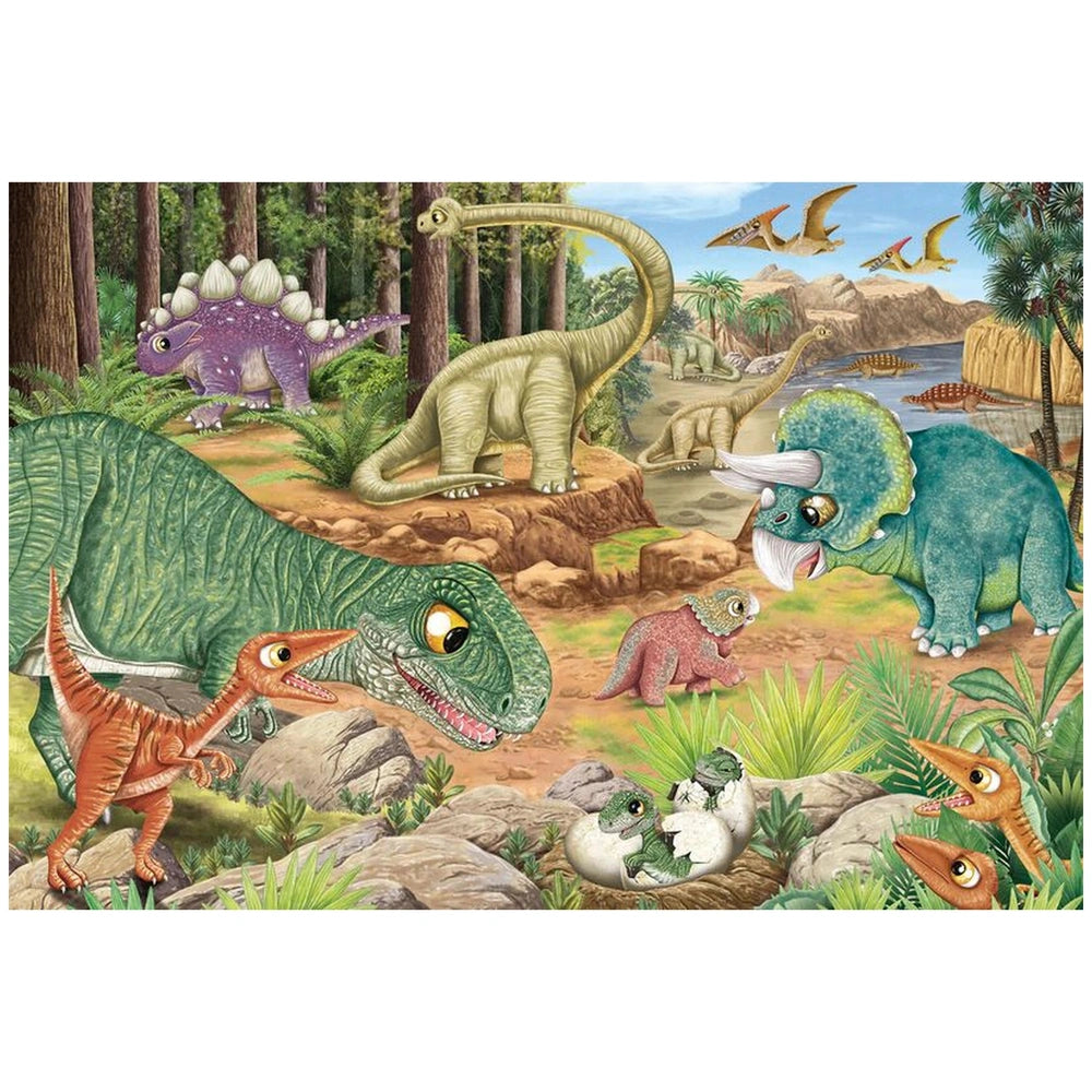 Dinosaur Fun puzzles feature vibrant illustrations of various dinosaurs in a lush, tropical environment.