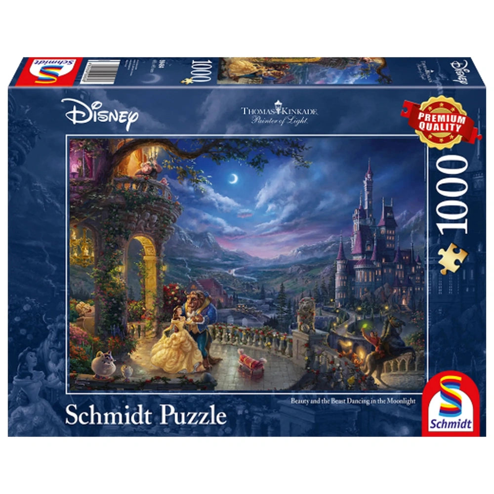 Schmidt Spiele's Disney puzzle box features a vibrant illustration of Beauty and the Beast dancing under a full moon.