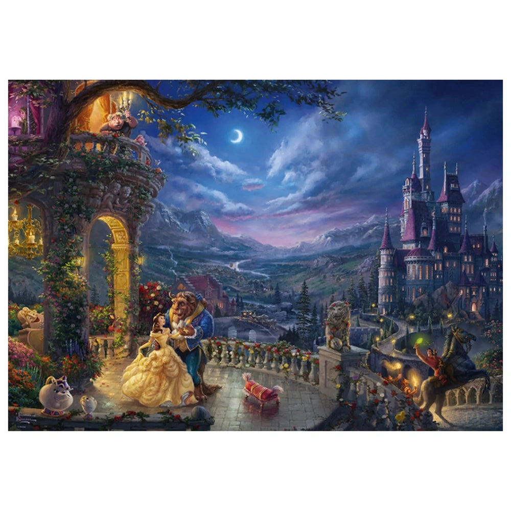 Schmidt Spiele's Beauty and the Beast puzzle features a couple dancing under the moonlight with a castle and animals in a vib