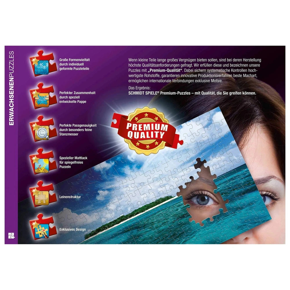 Schmidt Spiele's Beauty and the Beast puzzle features a woman's face with puzzle pieces over her eyes against a blue sky.