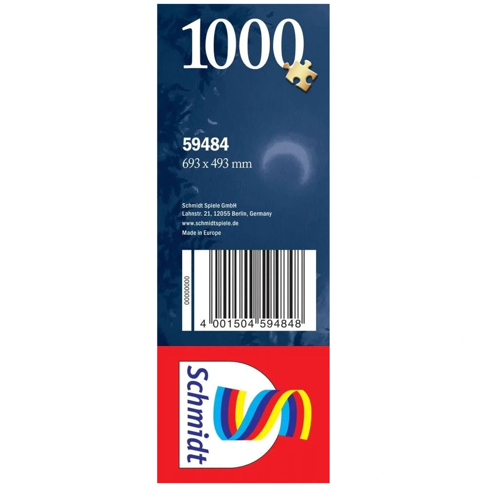 Schmidt Spiele's Beauty and the Beast 1000-piece puzzle features a deep blue background and red accents on its packaging.