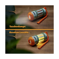 Scout 2-in-1 Kids Flashlight set with cylindrical shapes in green/orange and white/orange on a wooden background.