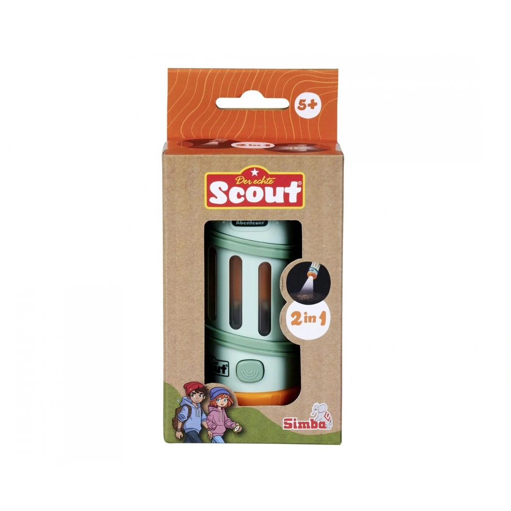 Scout 2-in-1 kids flashlight packaging featuring bold red lettering and child-friendly graphics for outdoor play.