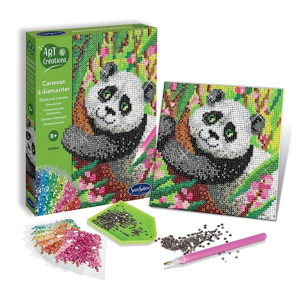 Art-Creations Diamond Canvas craft kit featuring a colorful panda design, green mat, scissors, and assorted beads.