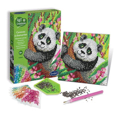 Art-Creations Diamond Canvas craft kit featuring a colorful panda design, green mat, scissors, and assorted beads.