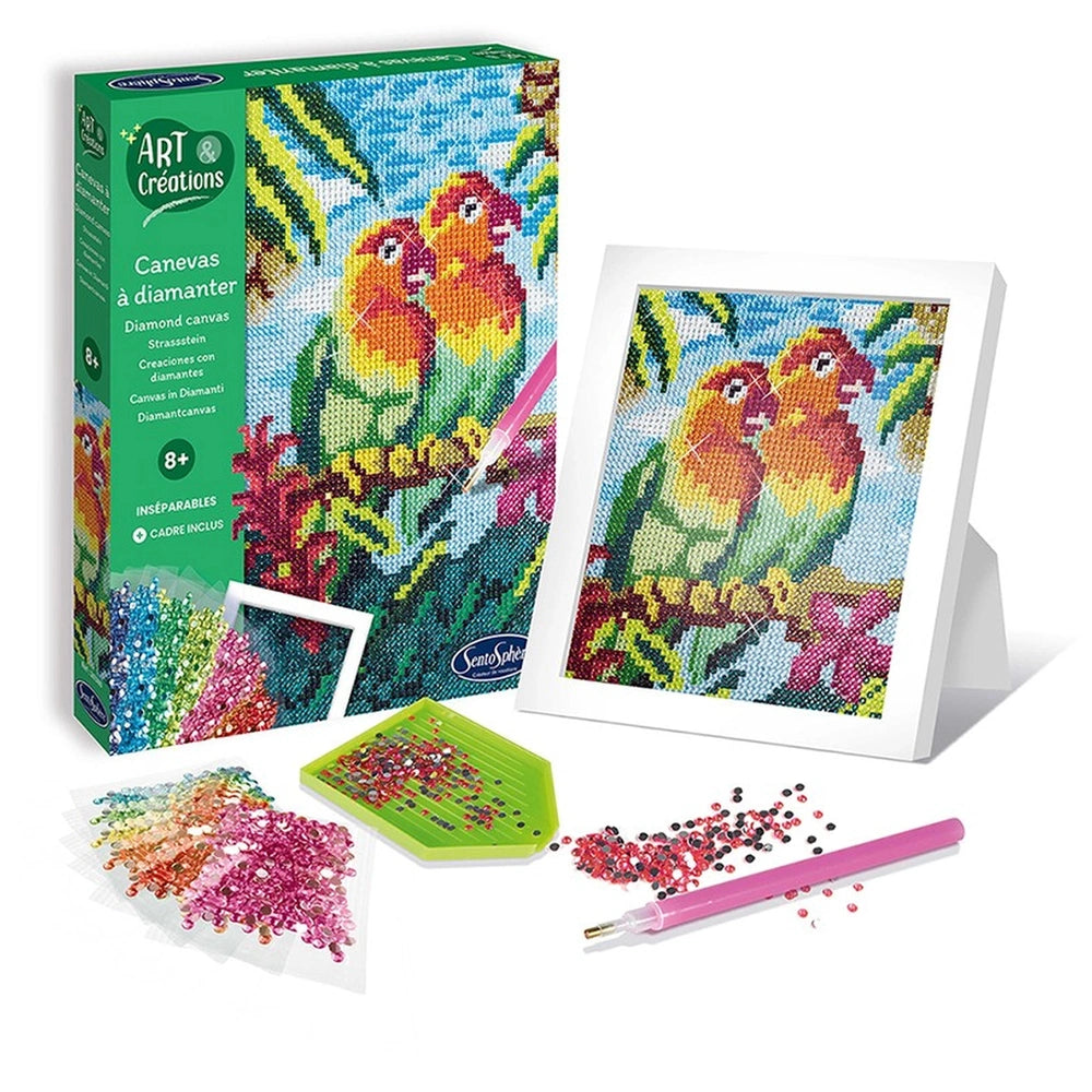 Sentosphere Arts & Creations Diamond Canvas kit includes a vibrant bird canvas, beads, scissors, and a display frame.