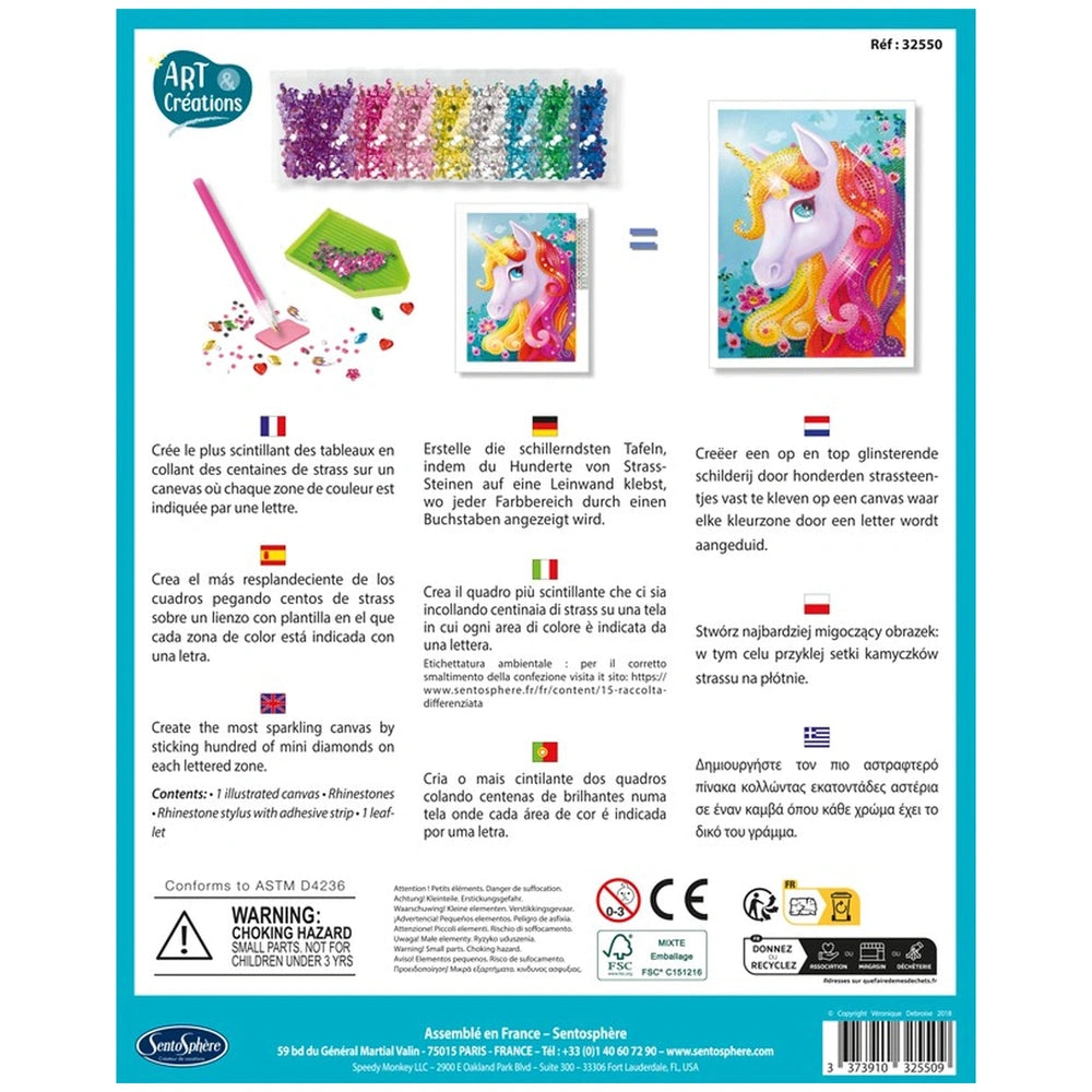 Colorful unicorn illustration on a product label with multi-language text, warnings, and symbols against a blue background.