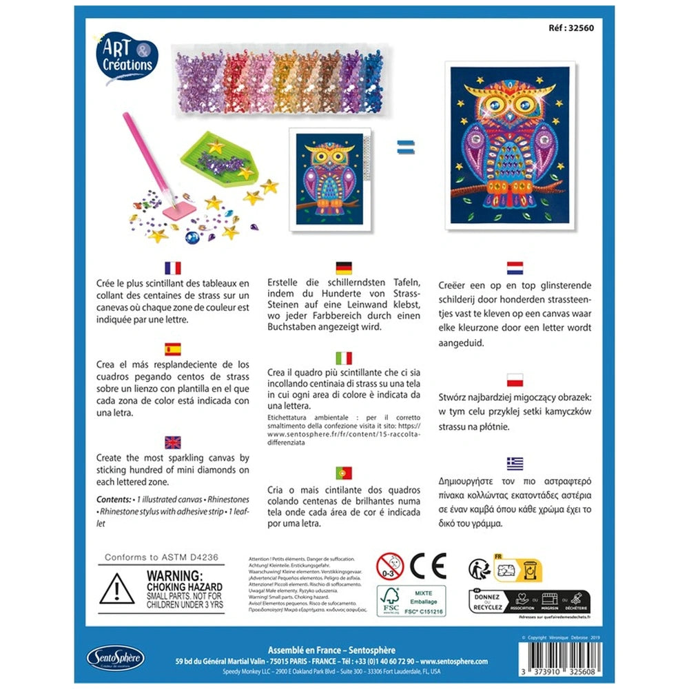 Sentosphere diamond painting kit label features a colorful owl design, pink eraser, and vibrant text on a blue background.