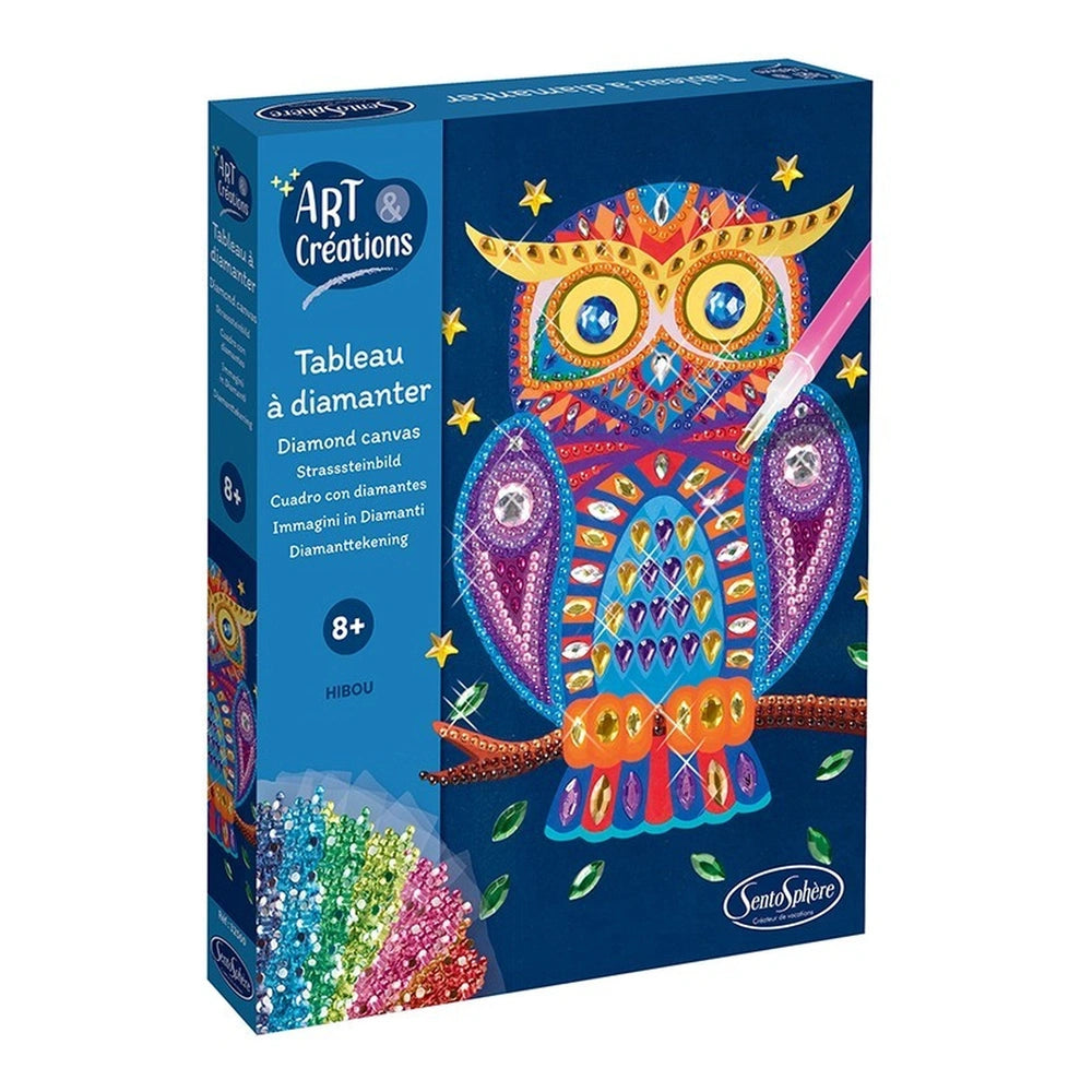 Sentosphere Arts & Creations Diamond Painting Owl box features a vibrant, stylized owl surrounded by stars and leaves.