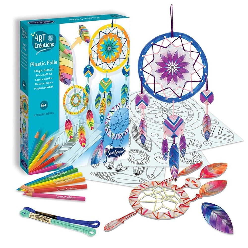 Sentosphere arts and crafts kit includes vibrant pencils, a dreamcatcher stencil, and a patterned plastic sheet for creative 