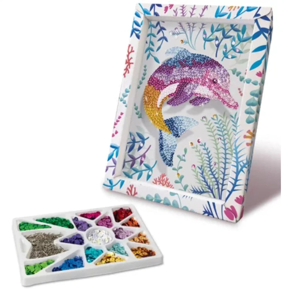Colorful decorative item featuring a dolphin design with sea plants, set against a plain white background.