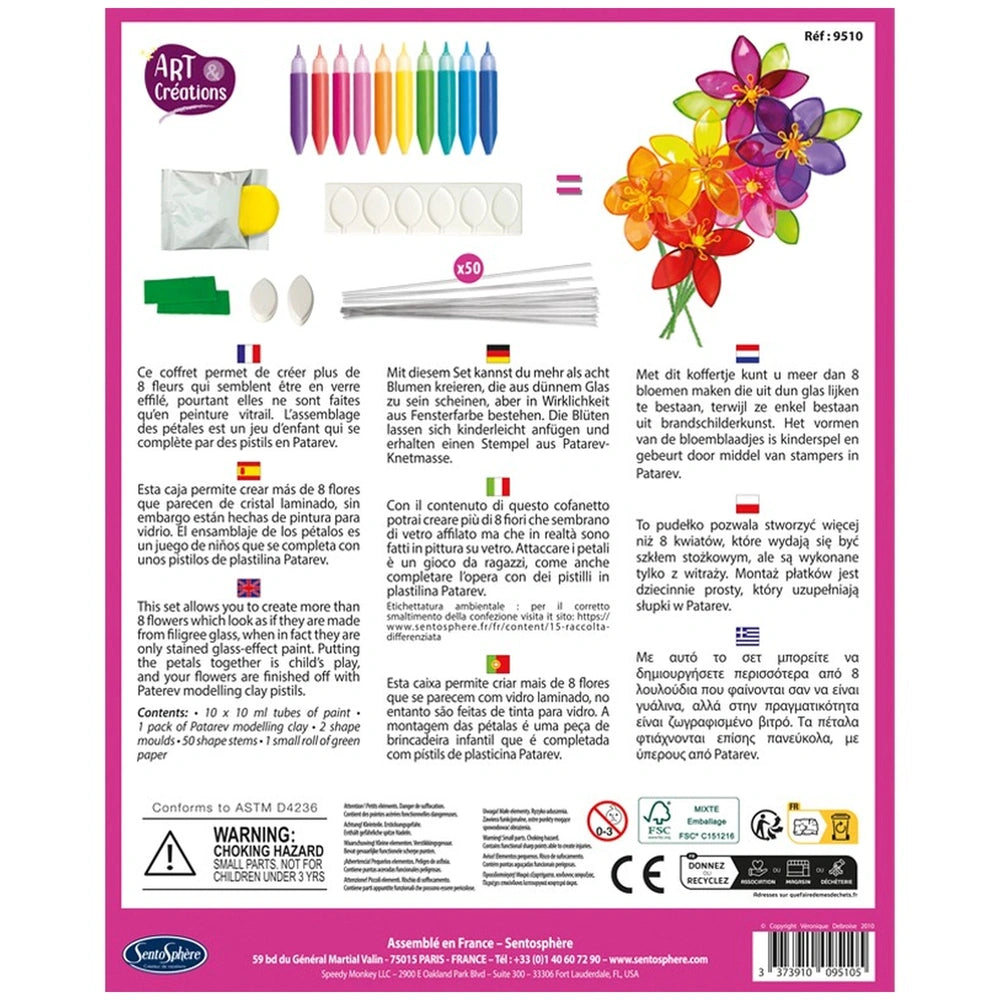 Sentosphere Crystal Flor arts and crafts packaging features colorful flower illustrations and includes various art supplies.