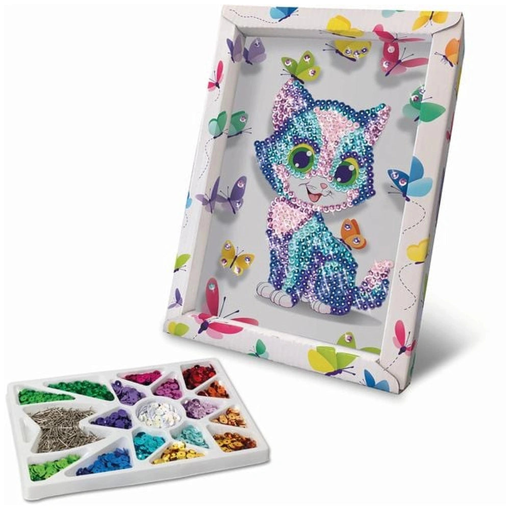 Diamond canvas cat art features a smiling cat surrounded by colorful butterflies in a decorative frame.