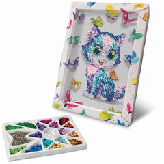 Diamond canvas cat art features a smiling cat surrounded by colorful butterflies in a decorative frame.