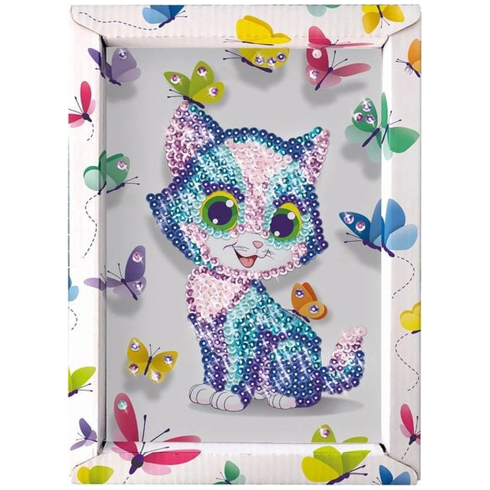 Diamond canvas art features a colorful, stylized cat surrounded by vibrant butterflies in a decorative frame.