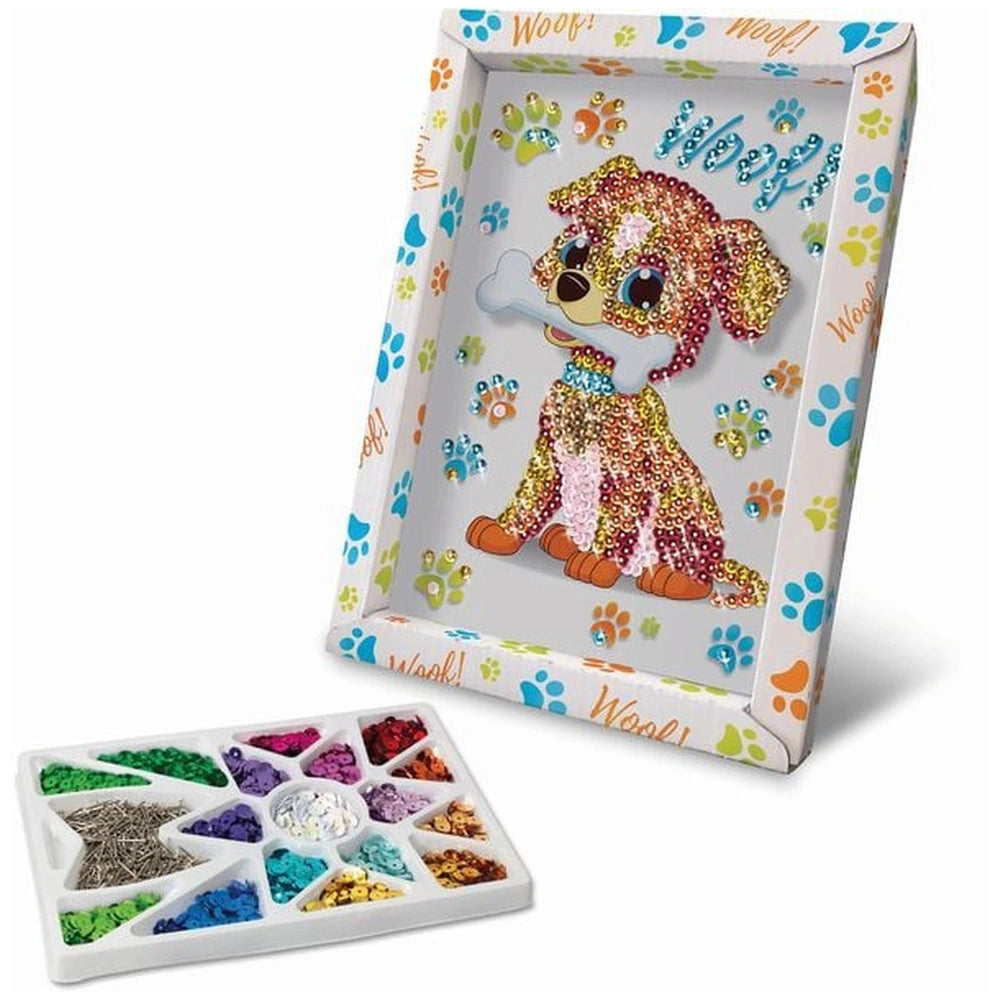 Colorful cartoon-style dog figure with a bone in its mouth, inside a decorative box featuring playful "Woof!" patterns.