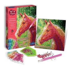 Diamond Canvas Horse craft kit featuring a vibrant horse image, a pink stylus, and colorful beads for creative projects.