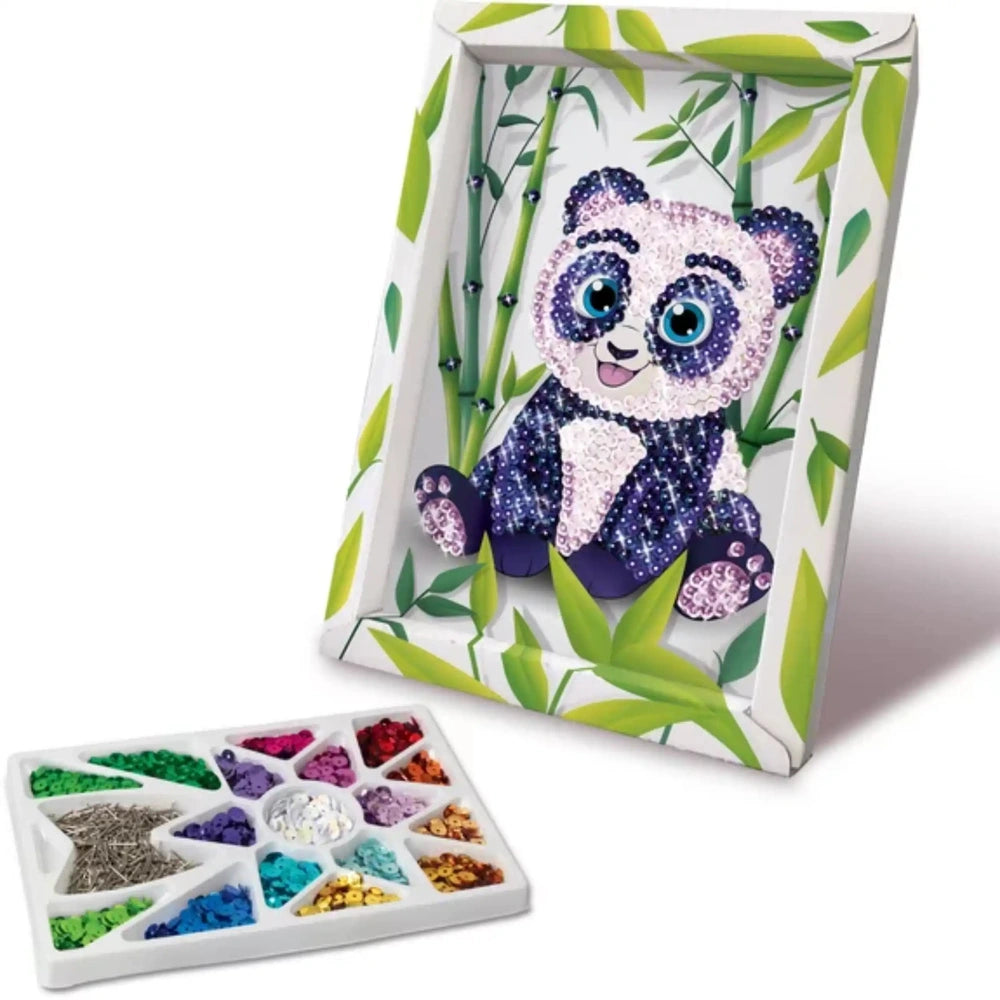 Diamond canvas panda decoration in a white frame with green border, surrounded by colorful beads and bamboo motifs.