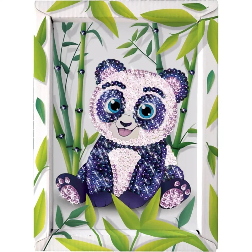 Diamond canvas panda with purple and white fur sits among green bamboo leaves, featuring a glittery texture and blue eyes.