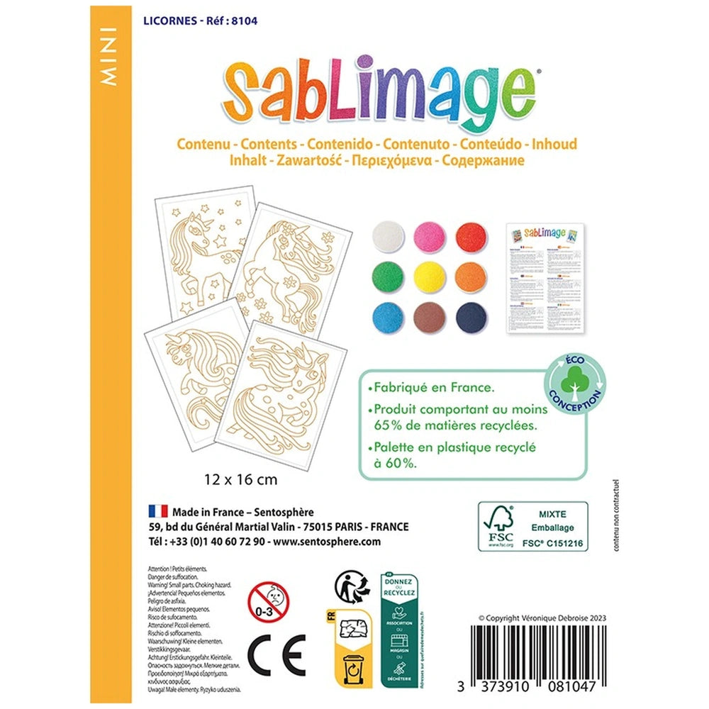 SablImage Mini Sablimage Licornes arts and crafts kit in colorful packaging with a unicorn design and clear plastic window.