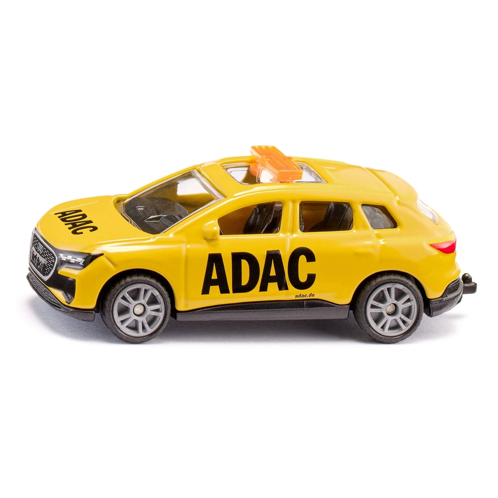 Siku ADAC Audi Q4 e-tron toy car in yellow with black accents, featuring tinted windows and a glossy finish.