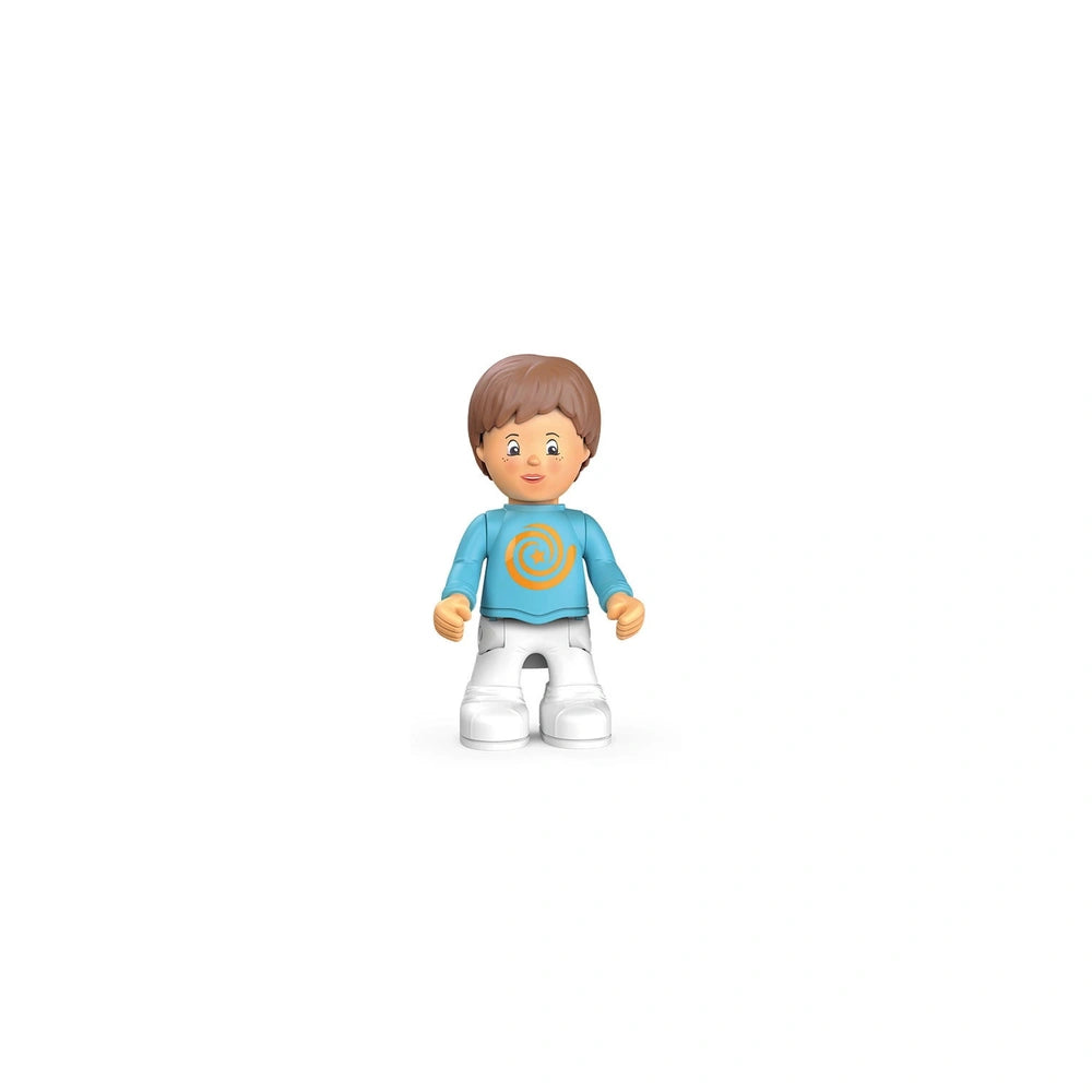 Cartoon-style child figure with brown hair in a blue shirt, white pants, and shoes, standing against a plain white background