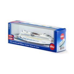 Siku AIDA Cruiseliner toy model in a blue packaging box with a clear window, featuring white, blue, and yellow accents.