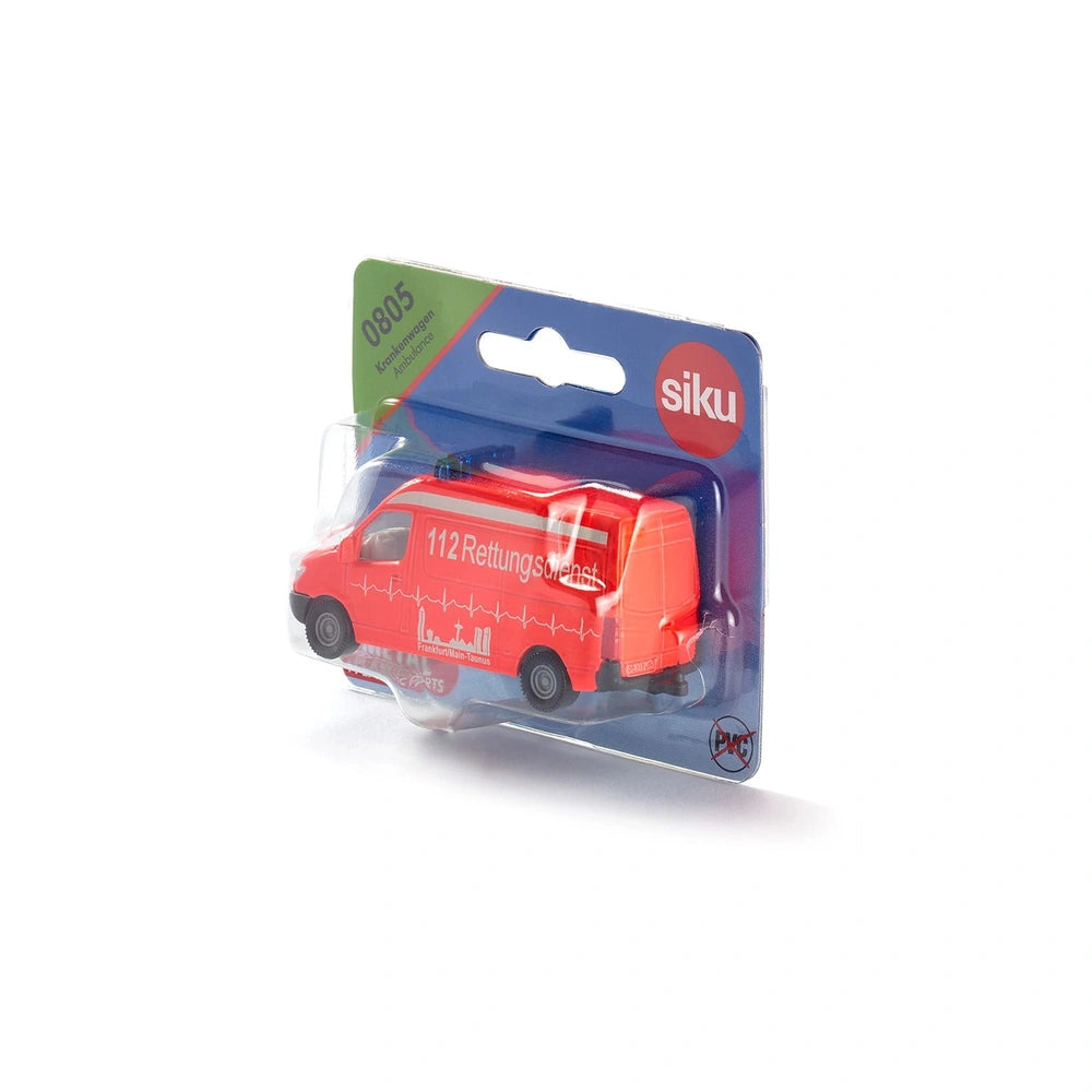 Red toy ambulance truck in clear packaging with "SIKU" branding and heartbeat graphic, featuring glossy plastic finish.
