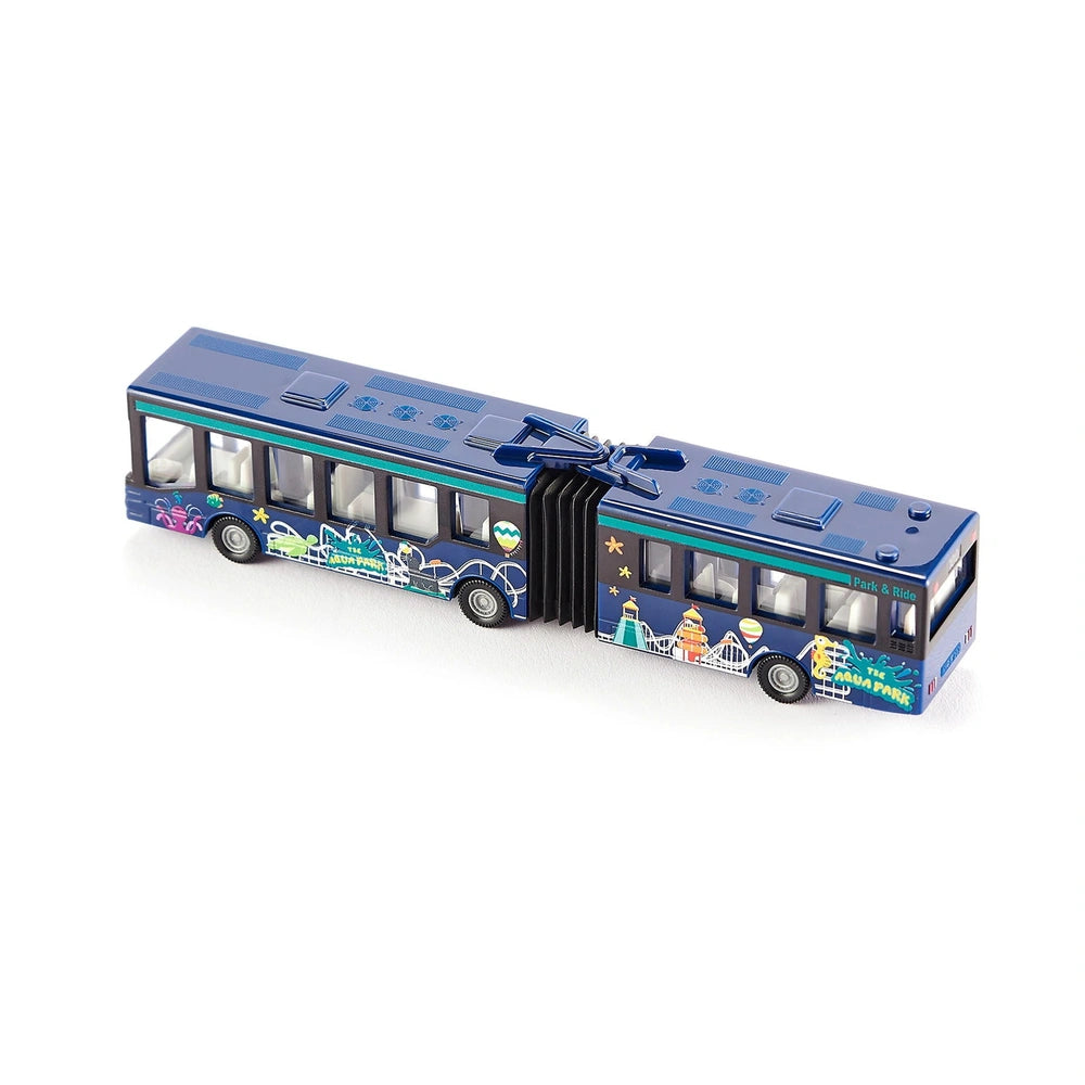 Articulated toy bus in blue with colorful cityscape design, featuring two levels, windows, and visible wheels.