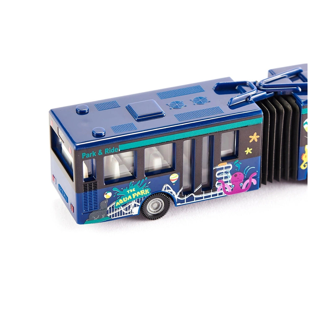 Colorful articulated bus toy in blue, green, and yellow with a cartoon octopus and "Park & Ride" text on the side.