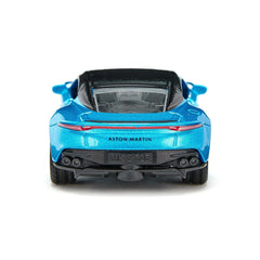 Aston Martin DBS Superleggera model in vibrant blue with a red stripe, showcasing detailed features against a white backgroun