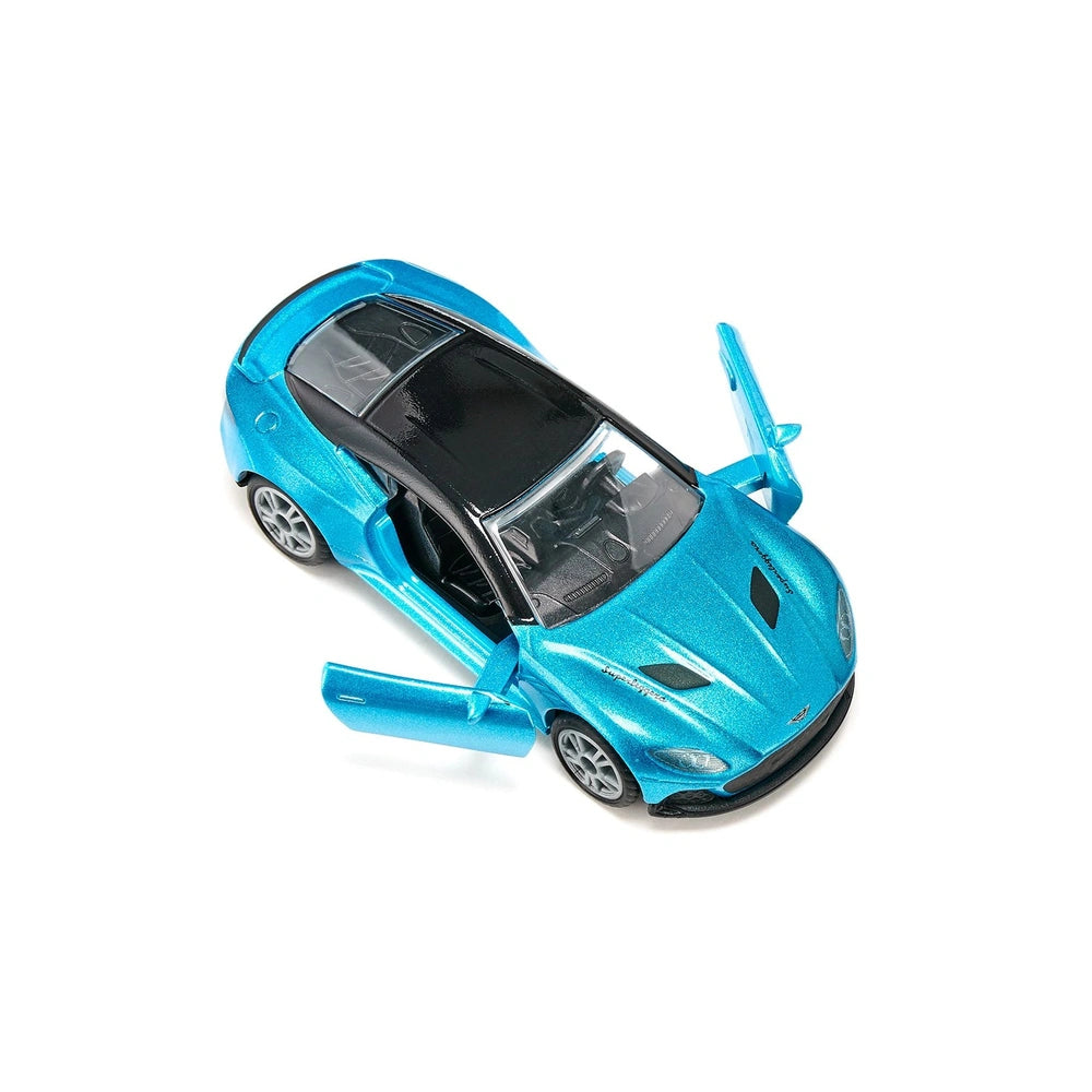 Siku Aston Martin DBS Superleggera toy car in blue with black accents, featuring a shiny finish and open hood.