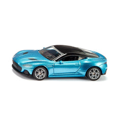 Siku Aston Martin DBS Superleggera toy car in blue with black accents, featuring a shiny finish and convertible top.