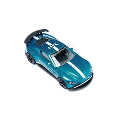 Aston Martin Vantage GT4 toy car in blue with white stripes, featuring a glossy finish and detailed components against a whit