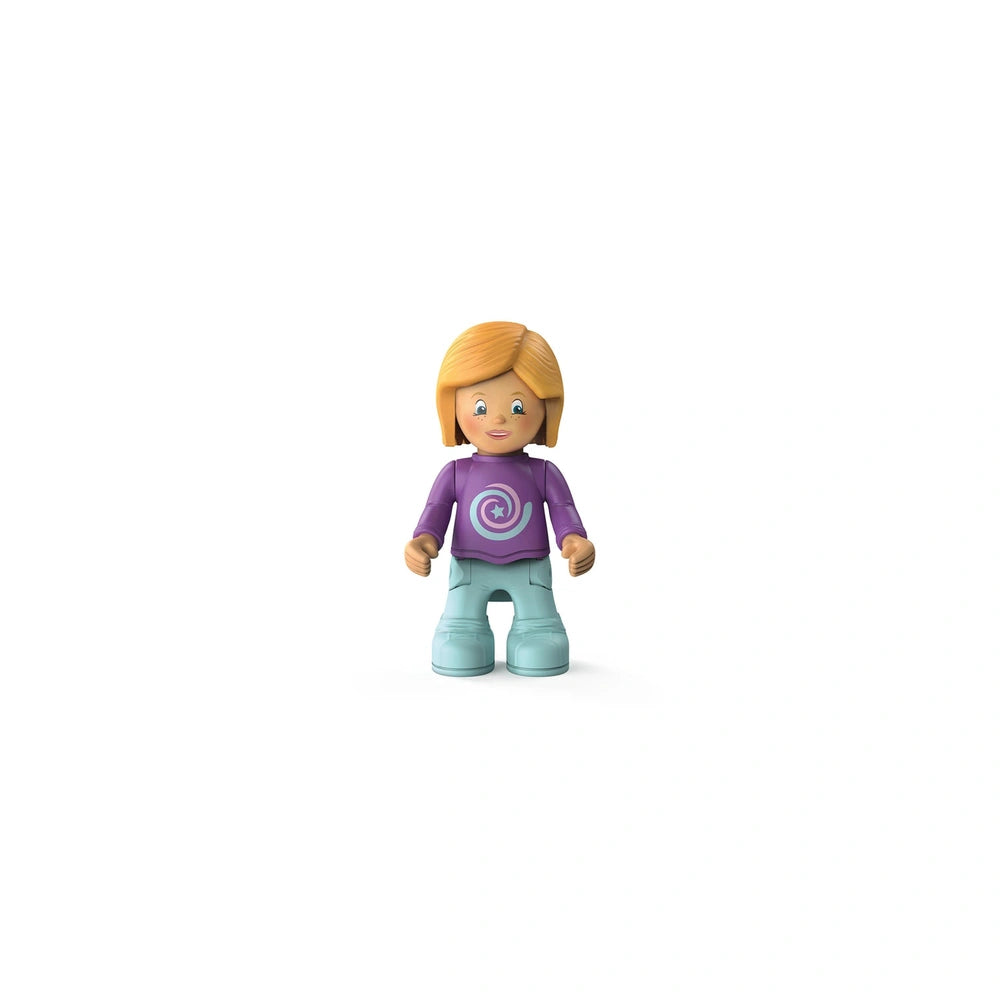 Betty Blinky figurine features a smiling face, purple torso, and blue pants, standing upright on a white background.