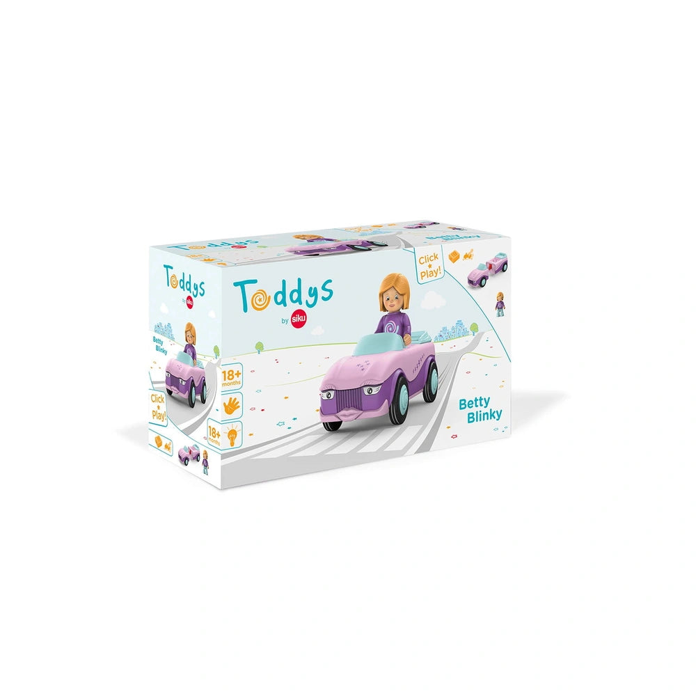 Siku's Betty Blinky construction set features a colorful boxed toy car with a pink car, driver, and winter-themed background.