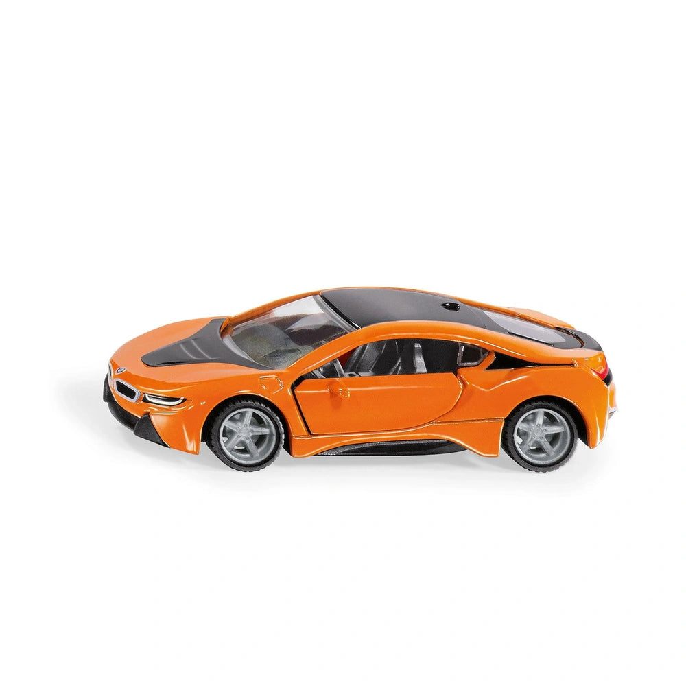 Siku BMW i8 LCI toy sports car in vibrant orange with a glossy finish, showcasing a sleek design and alloy wheels.