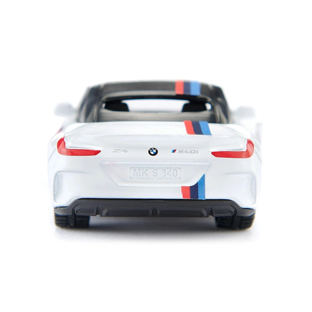 Siku BMW Z4 M40i toy car model in white with glossy finish and vibrant stripes resembling BMW branding.
