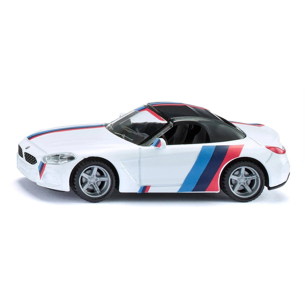 Siku BMW Z4 M40i toy car in white with red and blue stripes, featuring a convertible top and detailed design elements.