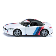 Siku BMW Z4 M40i toy car in white with red and blue stripes, featuring a convertible top and detailed design elements.