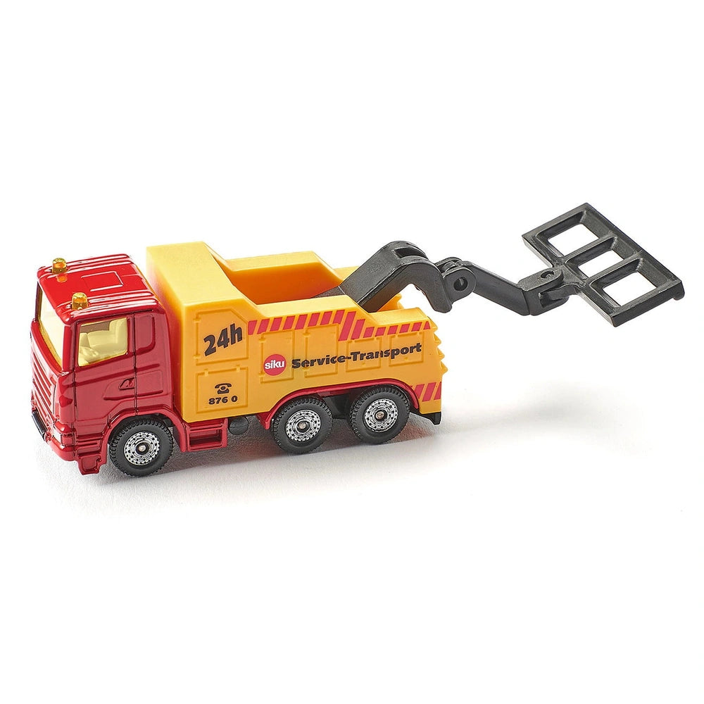 Siku breakdown truck in red with yellow accents features a large container, black bumper, and "SERVICE-TRANSPORT" text.